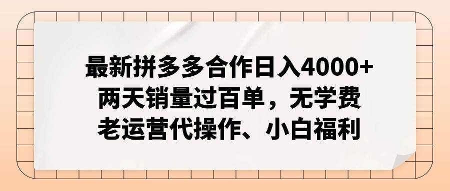 最新拼多多合作日入4000+两天销量过百单，无学费、老运营代操作、小白福利创业经验分享-网创吧-网创项目资源站-副业项目-创业项目-搞钱项目创业经验分享