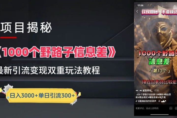 【独家】抖音一千个野路子信息差最新玩法教程–引流＋变现创业经验分享-网创吧-网创项目资源站-副业项目-创业项目-搞钱项目创业经验分享
