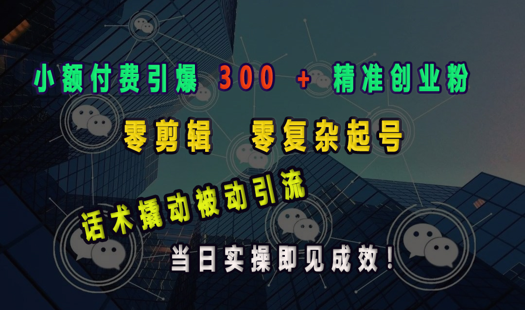 小额付费引爆 300 + 精准创业粉，零剪辑、零复杂起号，话术撬动被动引流，当日实操即见成效！创业经验分享-网创吧-网创项目资源站-副业项目-创业项目-搞钱项目创业经验分享