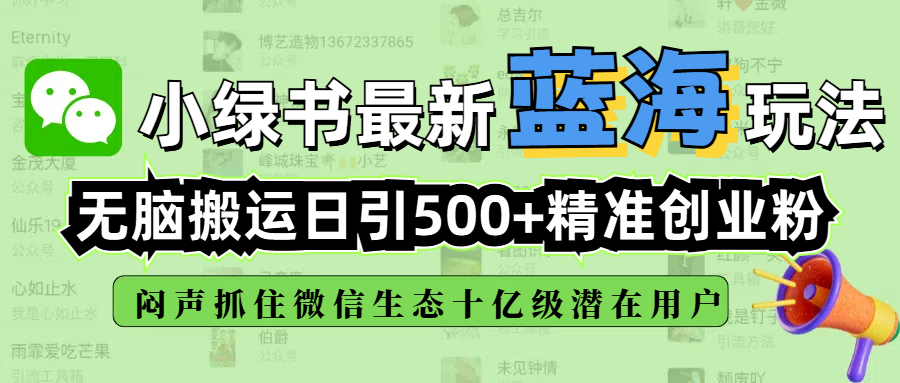 小绿书最新蓝海玩法，无脑搬运日引500+精准创业粉，闷声抓住微信生态十亿级潜在用户创业经验分享-网创吧-网创项目资源站-副业项目-创业项目-搞钱项目创业经验分享